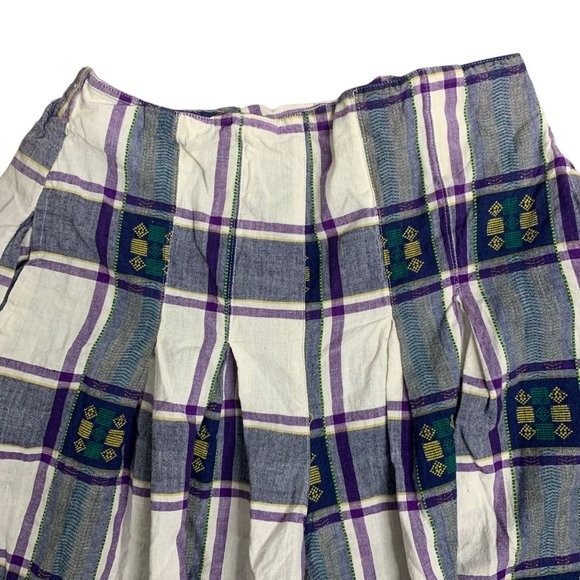 Vintage Button Up Shirt Shorts Set M Purple Plaid Embroidered Pockets Elastic - Picture 10 of 11